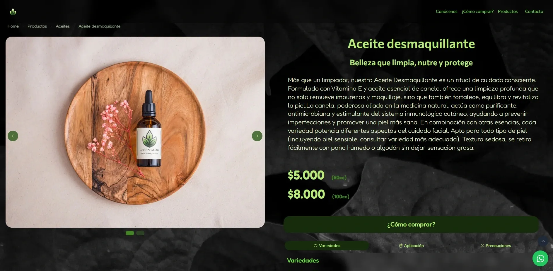 Vista de categorias de Green Glow